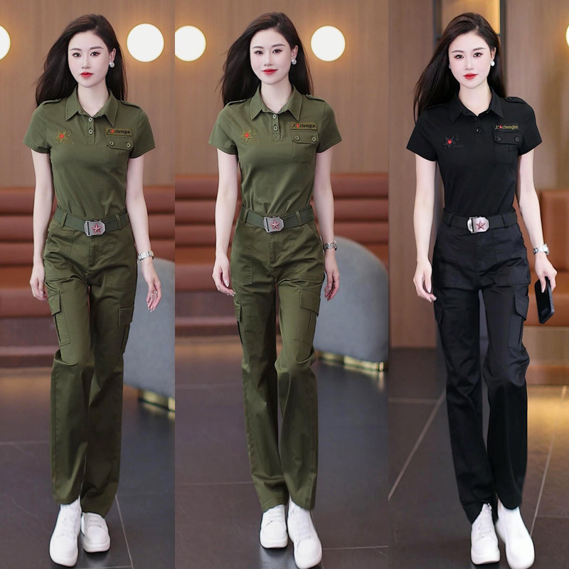 迷彩服套装女士翻领体恤衫直筒裤
