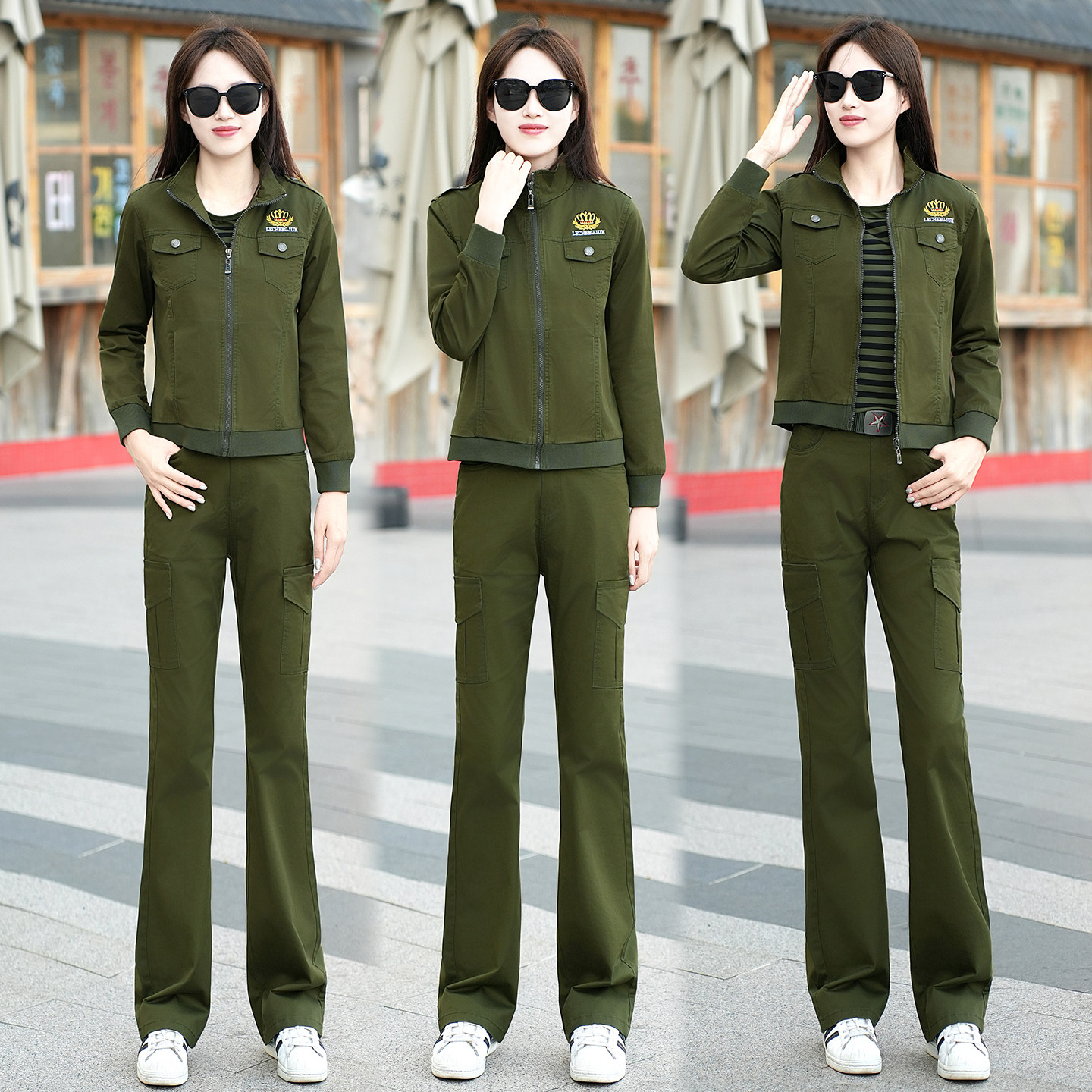 迷彩服女士外套套装春秋新款时尚休闲工装显瘦长裤两件套水兵舞服