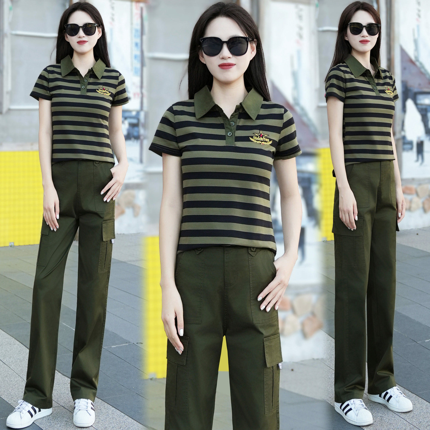 军旅风迷彩套装女夏季大码显高显瘦短袖上衣百搭半袖修身条纹t恤