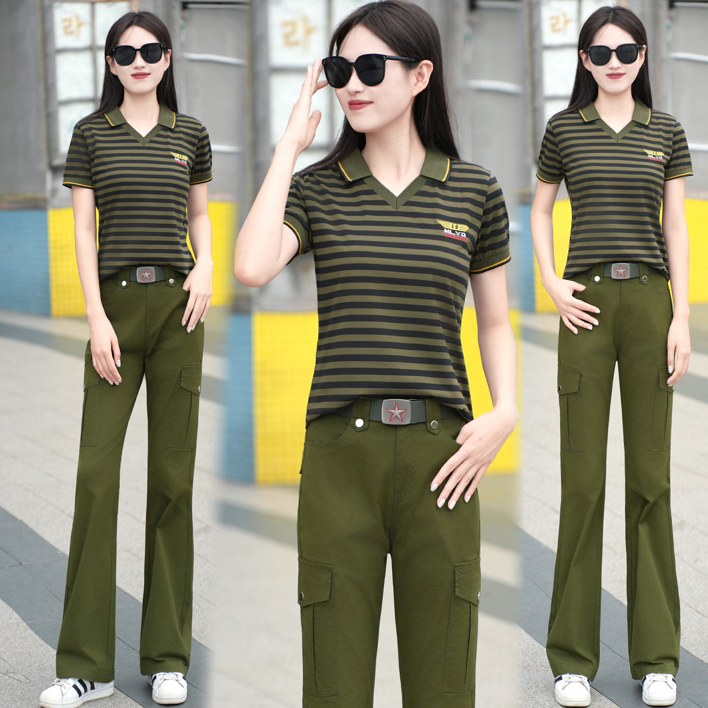 夏季条纹迷彩服套装女短袖运动棉质弹力广场舞水兵舞演出服微喇裤