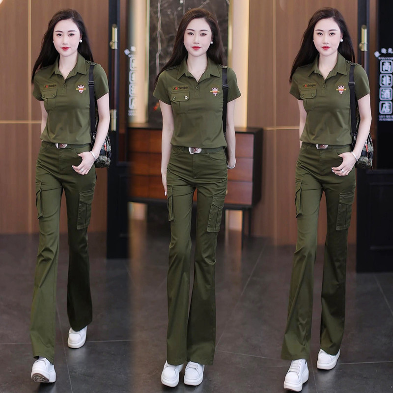 迷彩服套装女翻领半袖套头棉质