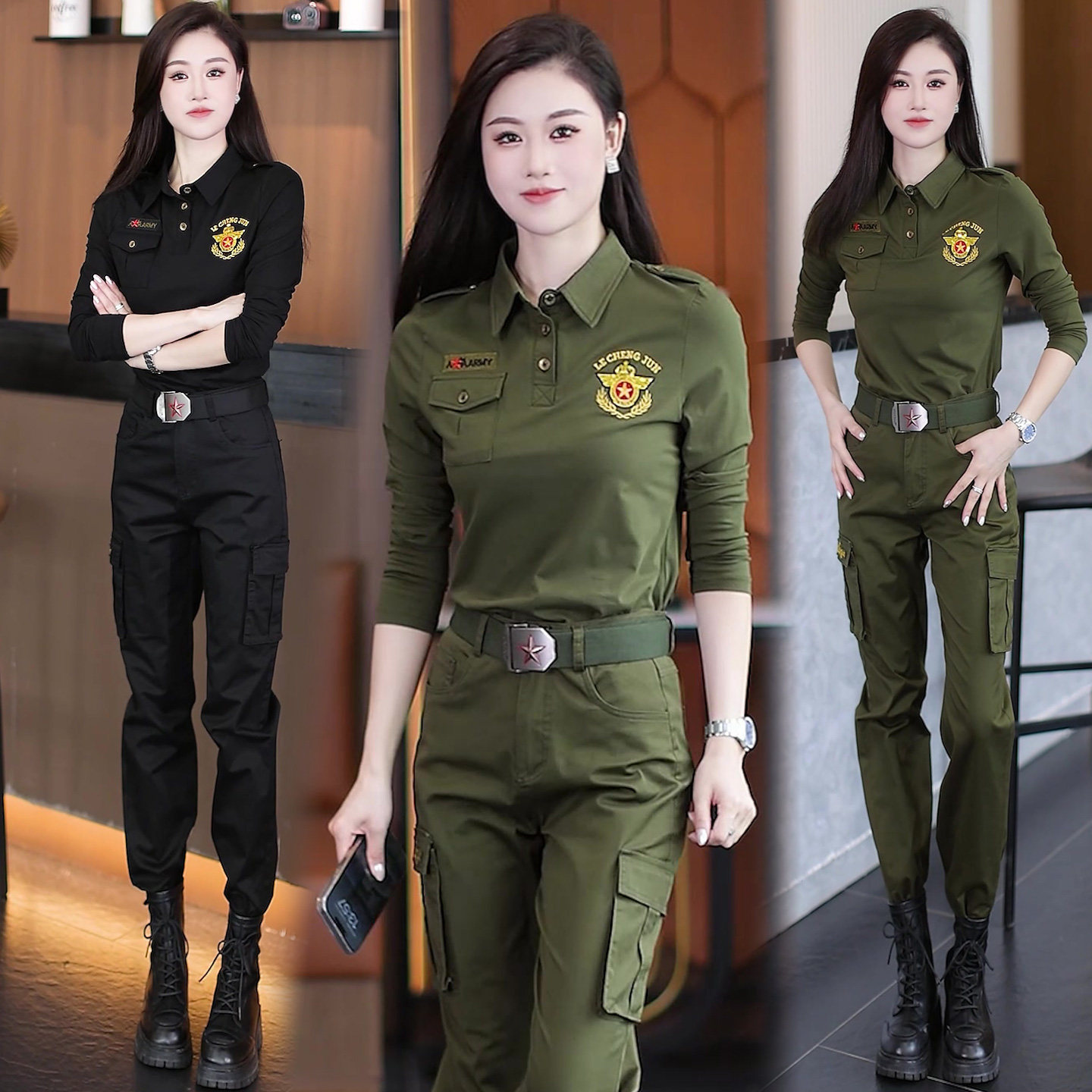 春秋新款迷彩服套装女士工装潮