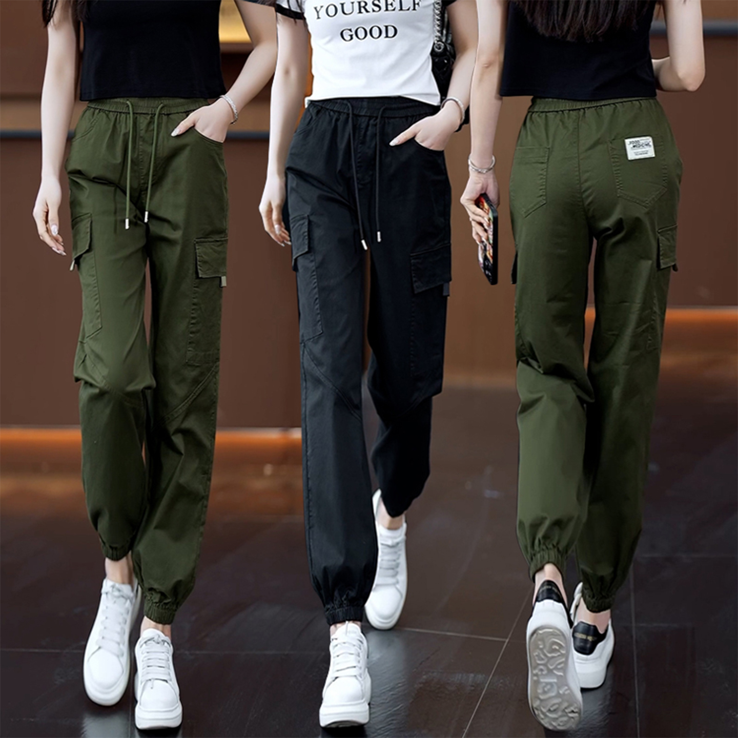 工装裤女春秋新款军绿色高腰宽松显瘦户外迷彩服束脚休闲长裤女潮