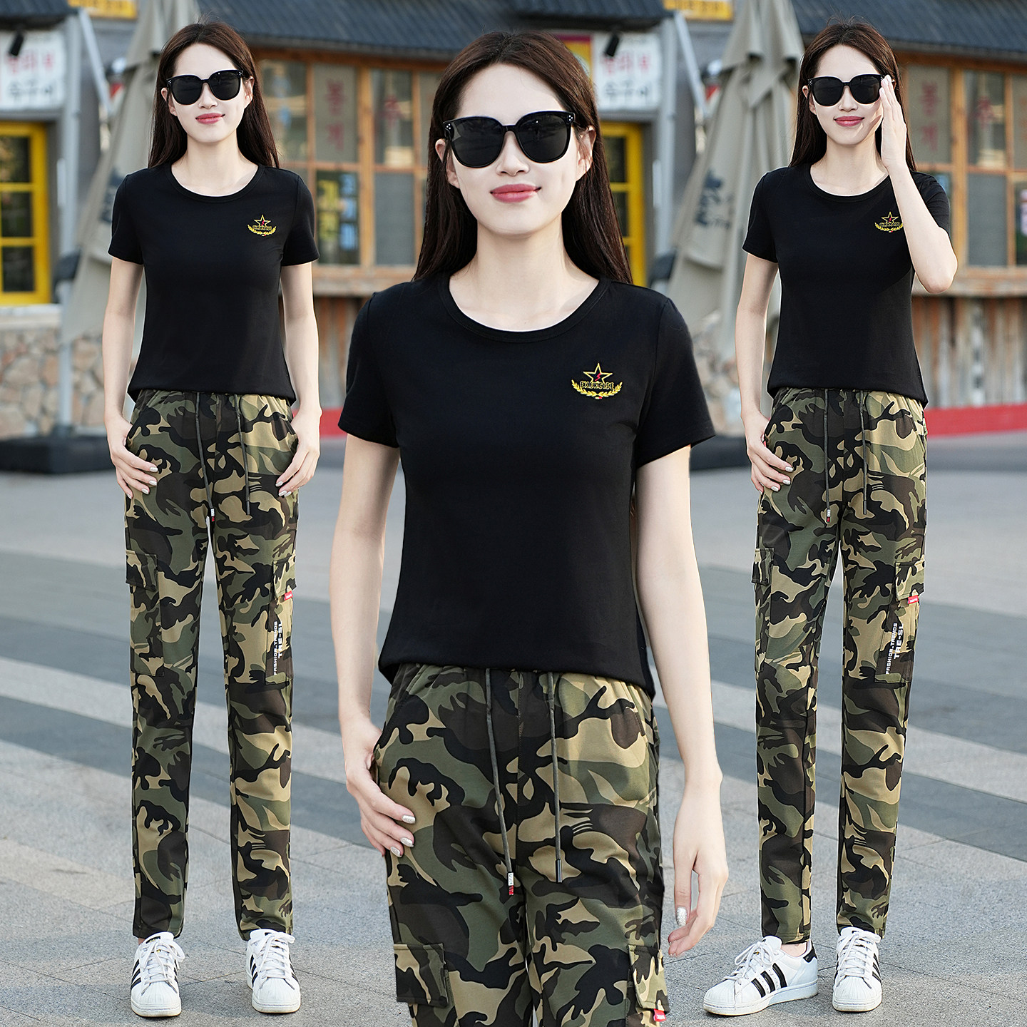 女士迷彩服套装运动休闲军迷女款正品嘻哈街舞黑色T恤短袖圆领潮