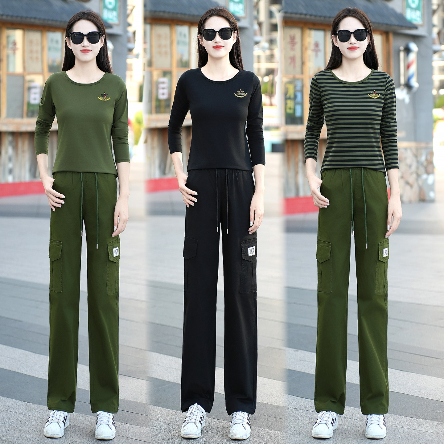 春秋条纹军绿工装套装女士迷彩服套装长袖真品军旅风上衣打底衫潮