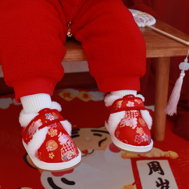 宝宝鞋子冬季中式一周岁鞋子宝宝棉鞋加绒保暖鞋新年鞋子室内鞋6