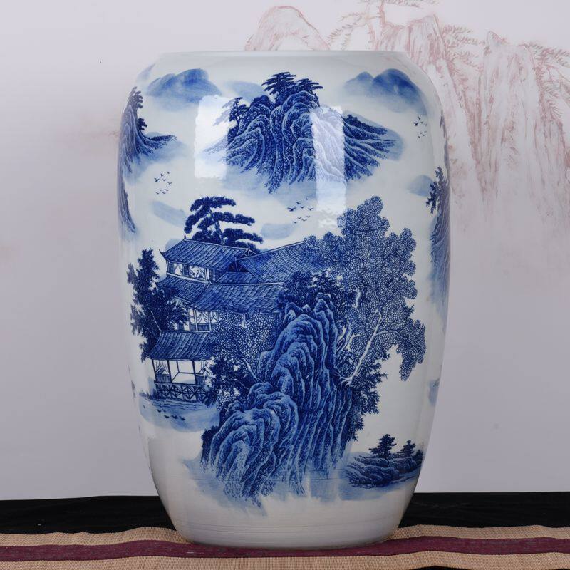 景德镇陶瓷青花瓷书画缸卷轴缸手绘字画缸中式落地花瓶陶瓷花瓶