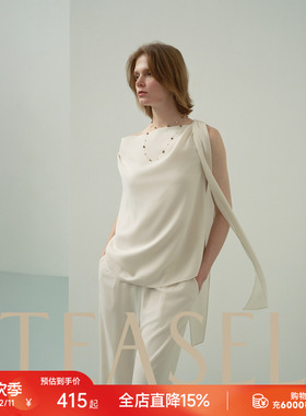 TEASEL「隙光裁」日本进口醋酸气质双面织构飘带荡领上衣白色套装