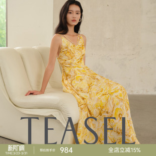 TEASEL「海滨微风」16姆米真丝双绉夏日度假风飘逸印花吊带连衣裙