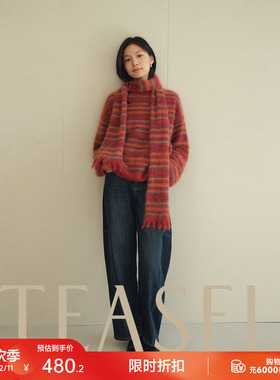 TEASEL「驯鹿雪橇」100%山羊绒彩虹条纹段染拉绒圆领毛衣/围巾
