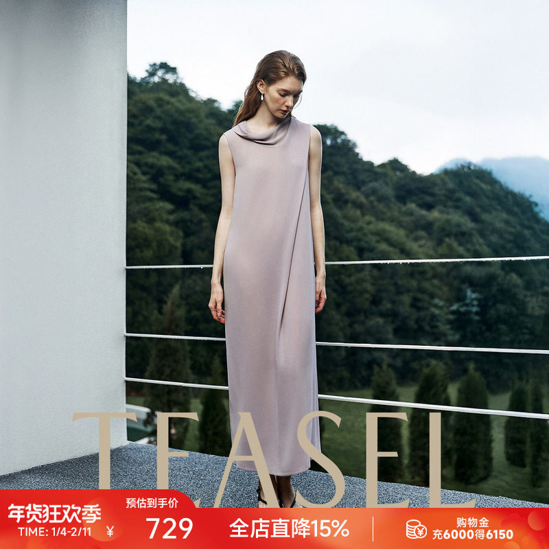 TEASEL「浪漫丛生」进口三醋酸设计感双飘带优雅荡领背心连衣裙,女装/女士精品,连衣裙,淘宝优惠券,粉丝福利购,淘宝优惠卷