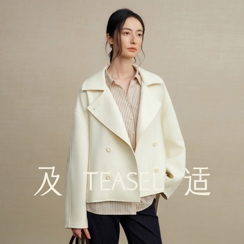 100%羊毛翻领双排扣系带毛呢外套
