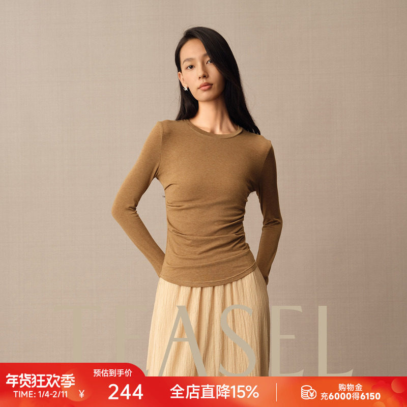 TEASEL「恰好时光」醋酸莱赛尔超弹T恤褶皱修身显瘦长袖打底衫,女装/女士精品,T恤,淘宝优惠券,粉丝福利购,淘宝优惠卷