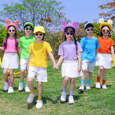 儿童彩色表演服装幼儿园演出糖果色啦啦队小学生短袖t恤毕业套装