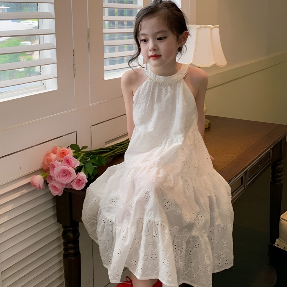 女童连衣裙夏季韩版新款休闲时尚公主裙儿童洋气圆领吊带纯棉裙子