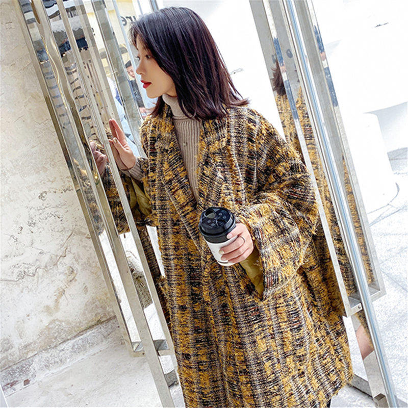 2020秋冬新款韩版名媛气质复古中长款毛呢风衣外套粗花呢大衣女潮