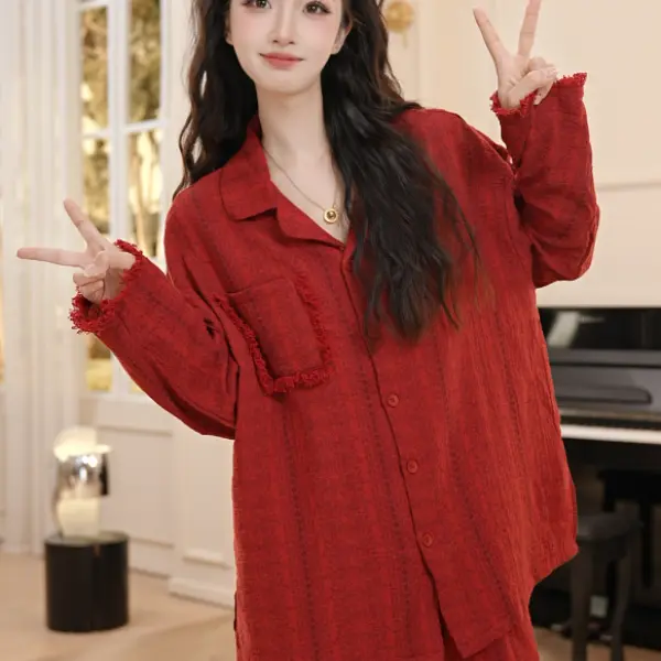 VINEEMAN【枫红晚眠】薄款长裤睡衣秋季高级女士宽松透气长袖松紧