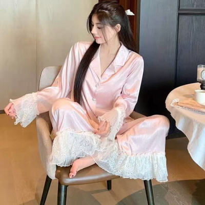 啵啵粉法式甜美公主风柔软亲肤舒适柳叶丝套装秋季睡衣家居服