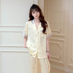 【泡泡熊】2026新款夏印花冰丝缎面睡衣女夏季薄款轻奢家居服套装