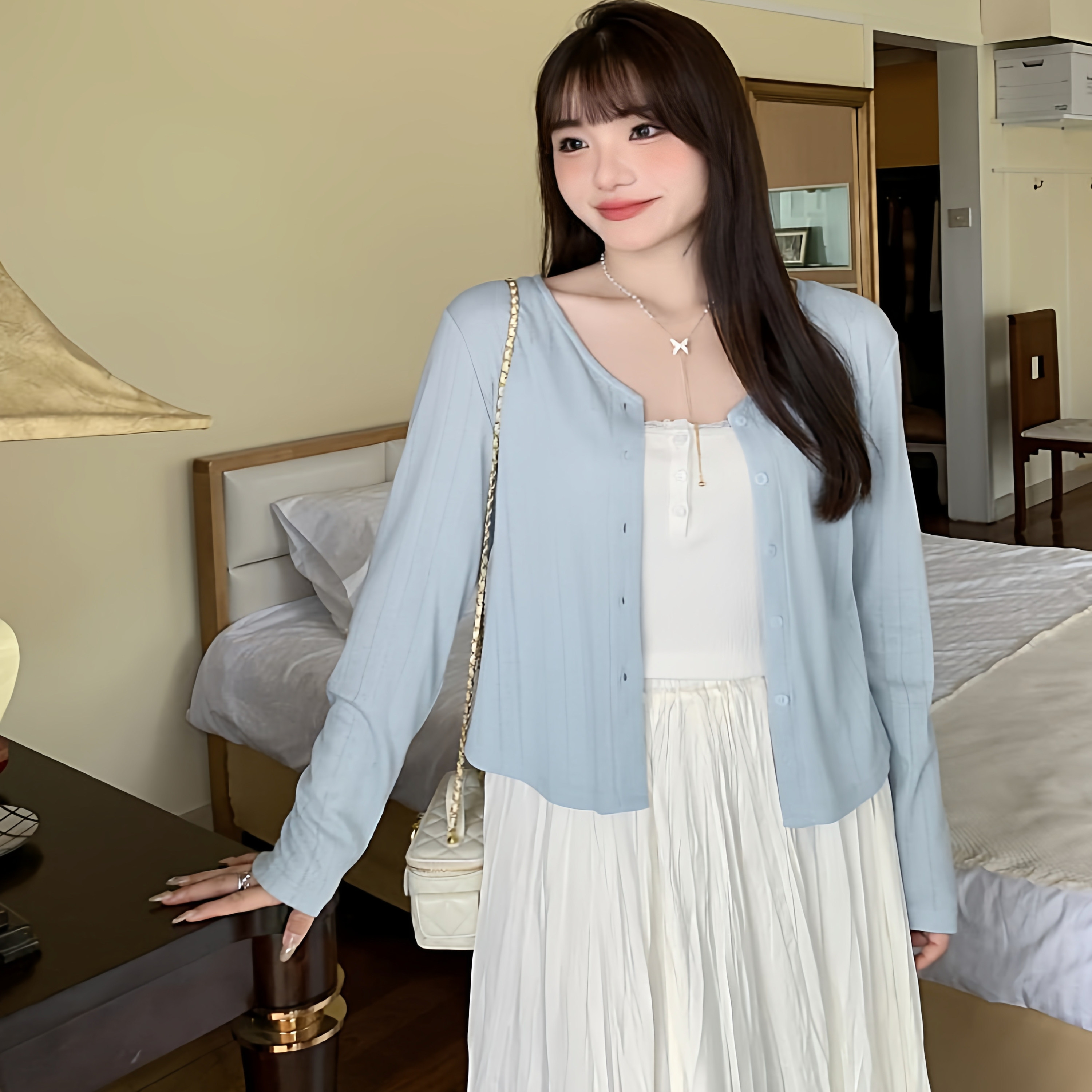 薄款镂空纯色V领防晒小衫胖mm大码女装秋季针织空调开衫外套