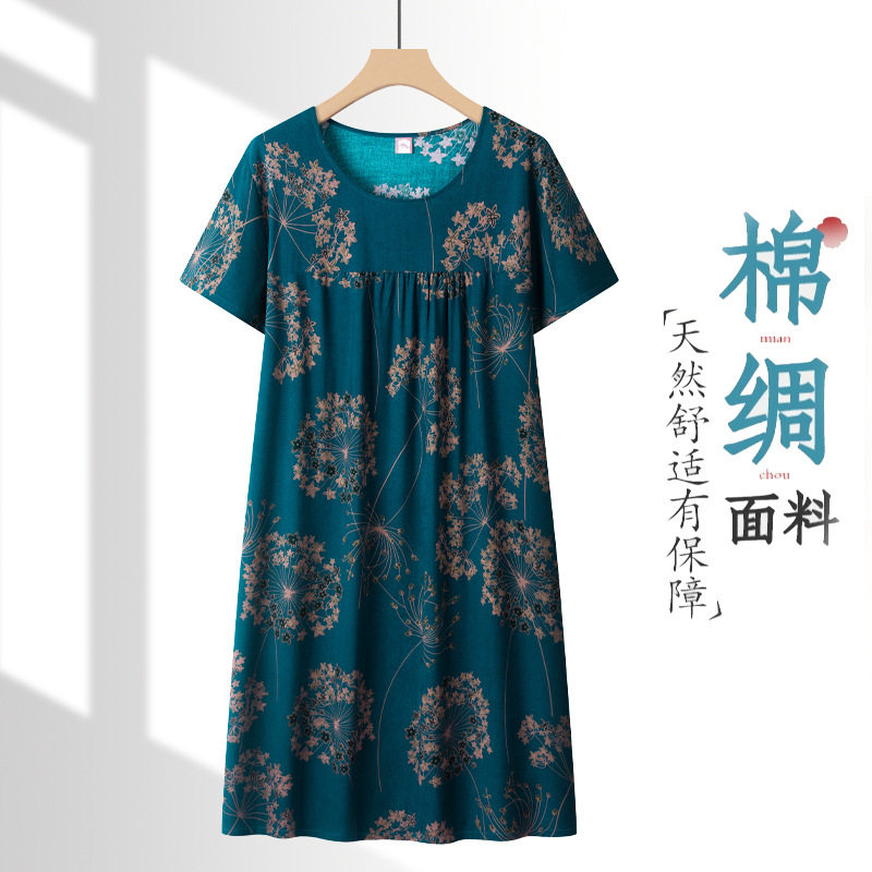 中老年人棉绸短袖睡裙女夏季新款妈妈睡衣薄款奶奶宽松连衣裙夏装