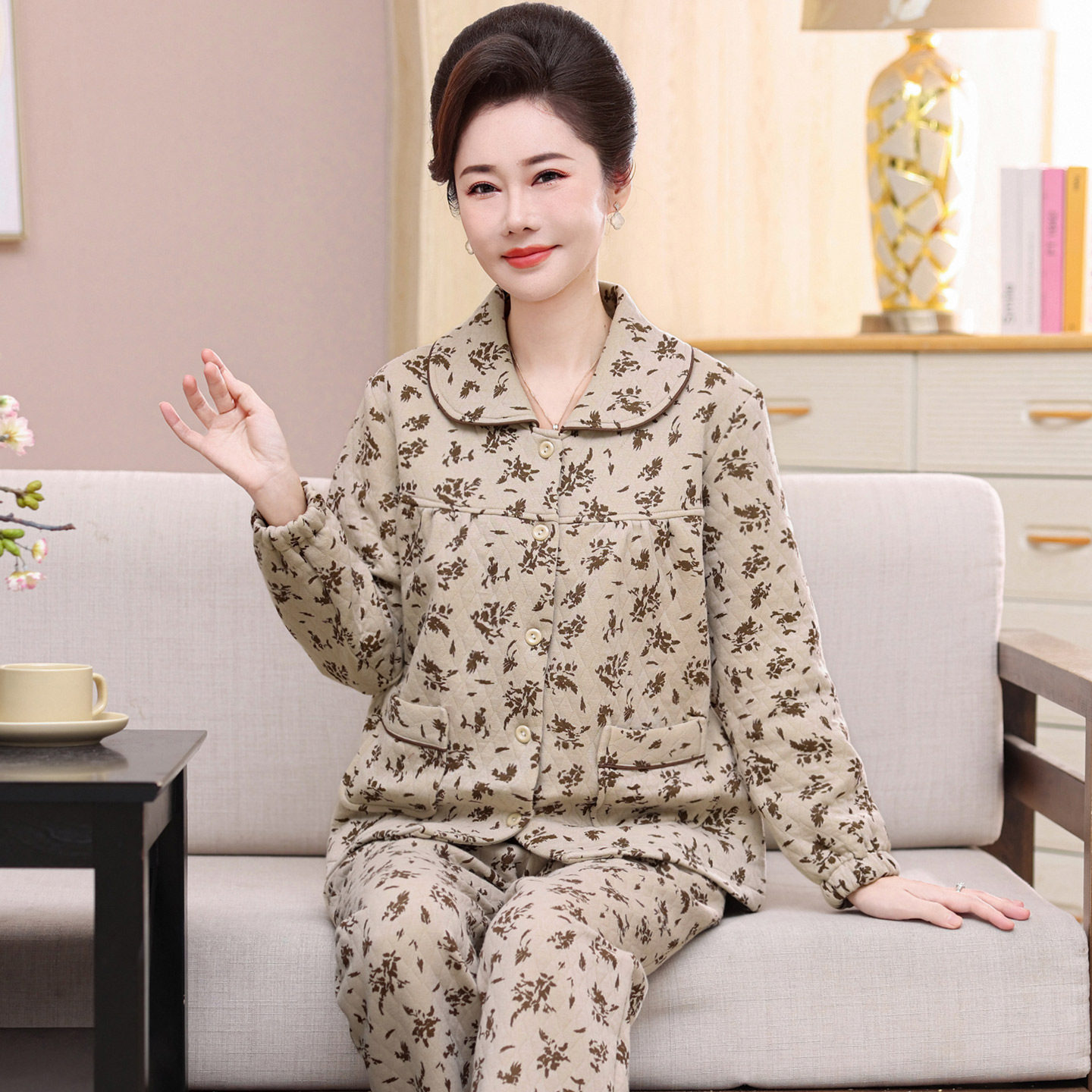中老年女秋冬纯棉加厚长袖睡衣