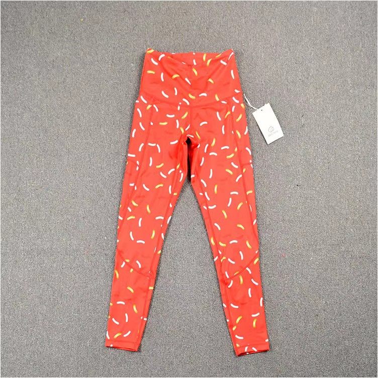 外贸女瑜伽长裤 紧身收腹健身运动九分速干弹力高腰 红色糖果印花