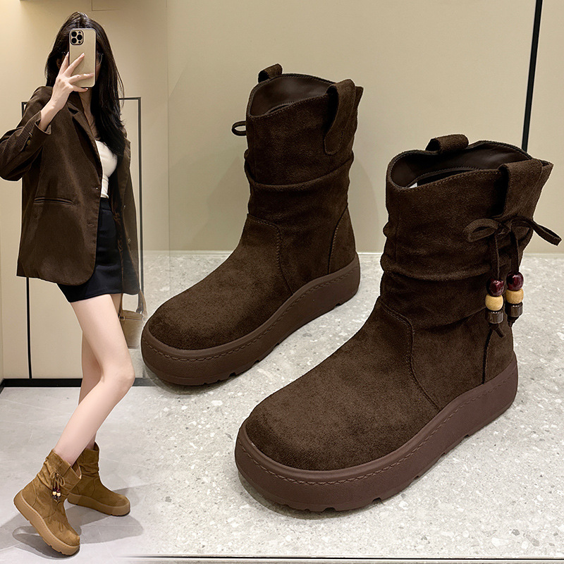 秋冬大码女靴子中靴外穿厚底棉靴