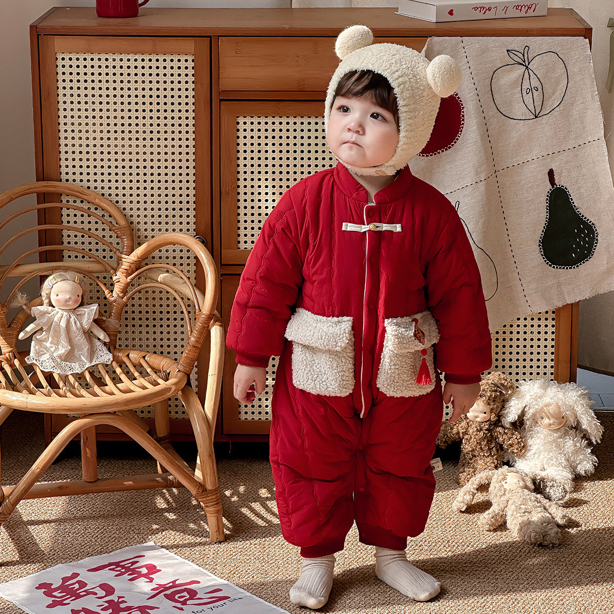 婴儿拜年服冬装男宝宝连体衣加绒红色新年过年衣服婴幼儿周岁礼服