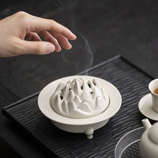 草木灰白官窑摆件室内檀香线香沉香炉茶室香熏炉中式陶瓷香炉香道