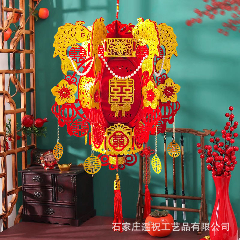 2024年新款高档水晶植绒布喜字灯笼结婚订婚婚房家庭室内布置装饰