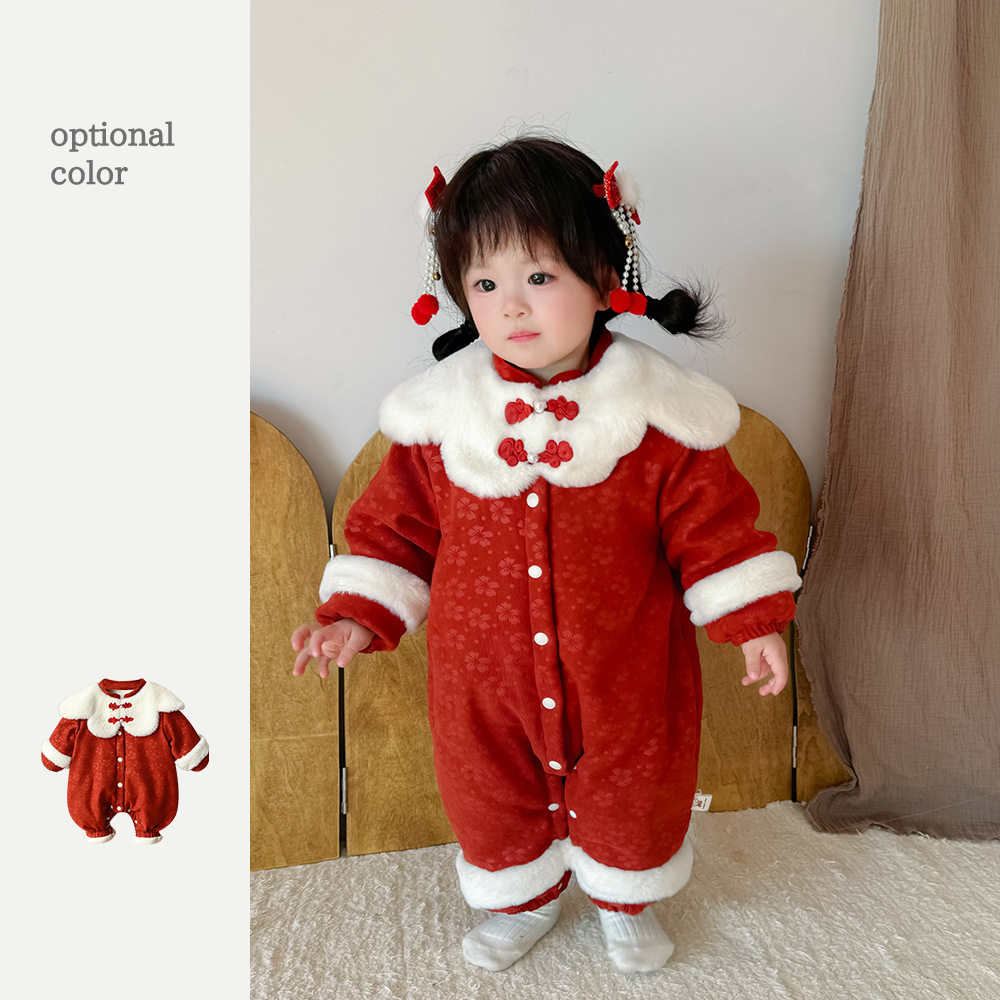 宝宝拜年服 0-1-2岁中国风女婴冬装连体衣加绒爬爬服周岁宝宝衣服