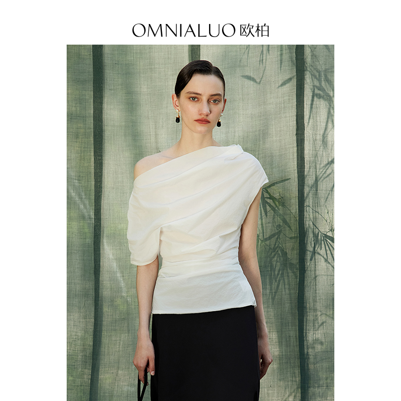 【设计总监然姐】欧柏兰奴短袖T恤女设计感修身OL气质长绒棉上衣