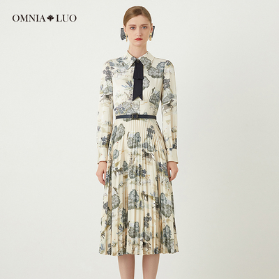【柳哥来了】欧柏兰奴优雅知性印花长袖连衣裙配腰带领结