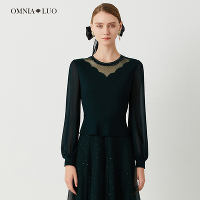 欧柏兰奴专柜正品2023春新款气质修身针织V领拼接网纱连衣裙女