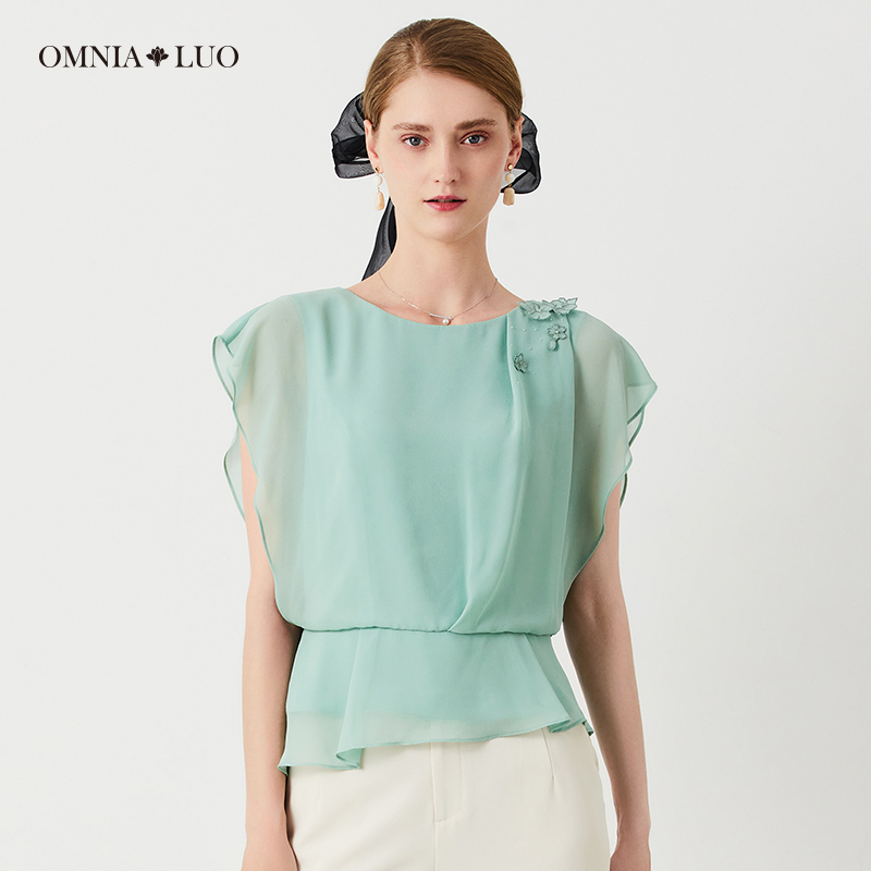 欧柏兰奴【商场同款】2023年夏优雅烫钻绣花飞飞袖圆领短袖衬衣