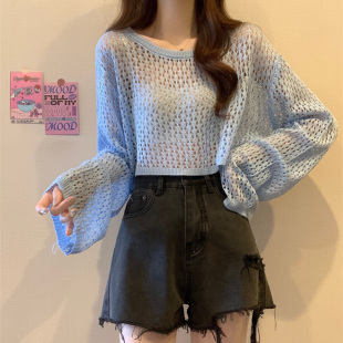 蓝色短款防晒针织衫女夏季2026春装薄纱罩衫外搭套头网织镂空上衣