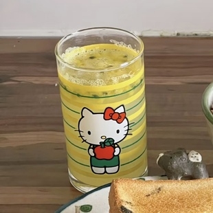 HelloKitty可爱黄绿条纹苹果凯蒂猫玻璃杯牛奶杯果汁杯喝水杯XG25