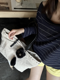 日系中古设计感可爱帆布包单肩包个性松弛慵懒大容量棉麻托特包