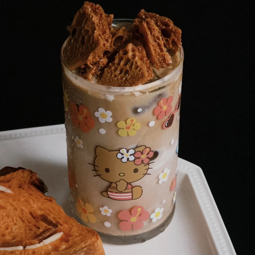 日系中古设计感卡通玻璃杯可爱KT黑皮猫玻璃杯