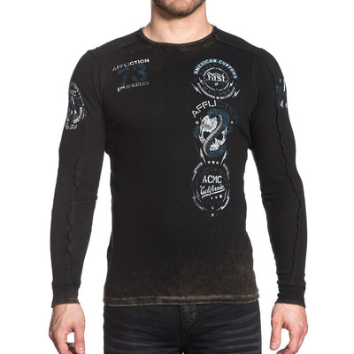 潮男款黑色双面穿做旧长袖t恤