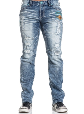 Affliction牛仔裤男欧美风中高腰修身磨旧破洞摇滚嘻哈乞丐长裤潮