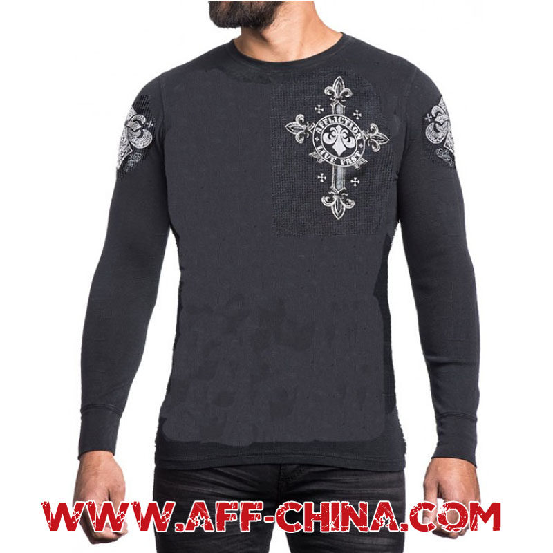 Affliction美国潮牌 男士春秋做旧修身十字骷髅长袖印花T恤欧美风