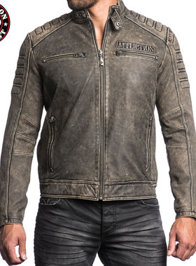 Affliction 美国本土潮牌 骷髅机车复古做旧皮衣夹克男 潮外套