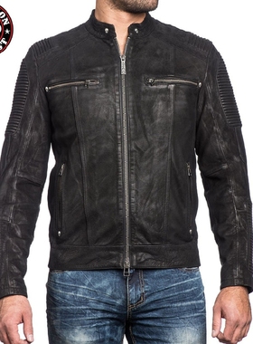 美国本土潮牌Affliction 男士纯手工做旧  纯黑机车服饰 皮衣夹克