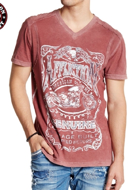 Affliction美国本土潮牌男士V领做旧拼接宽松休闲老鹰机车短袖T恤