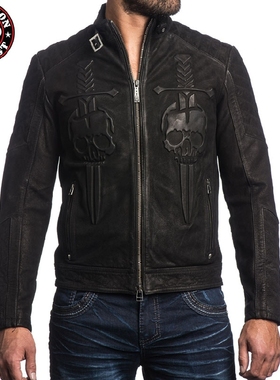 Affliction 男士复古机车骷髅做旧3D压印机车夹克皮衣潮 美国进口