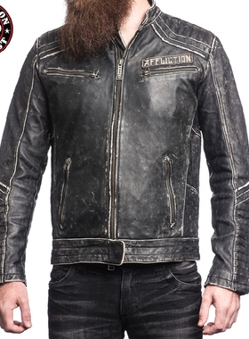Affliction皮衣男美国本土潮牌做旧修身骷髅机车真皮潮外套