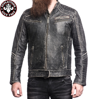 美国做旧修身骷髅机车真皮外套