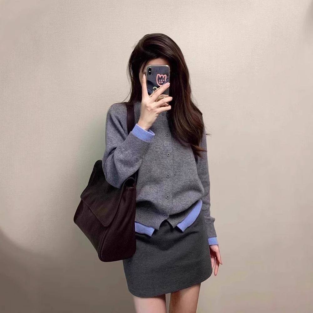 实价不减绵羊绒三根灰色假两件针织开衫外套女秋冬毛衣撞色上